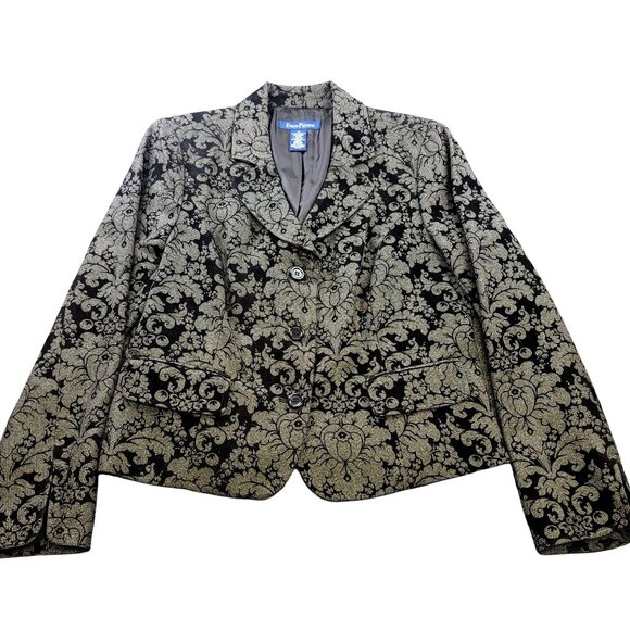 Evan Picone 3 Button Floral Blazer Black Gray Flip Sleeves 12 Substantia - Picture 1 of 11